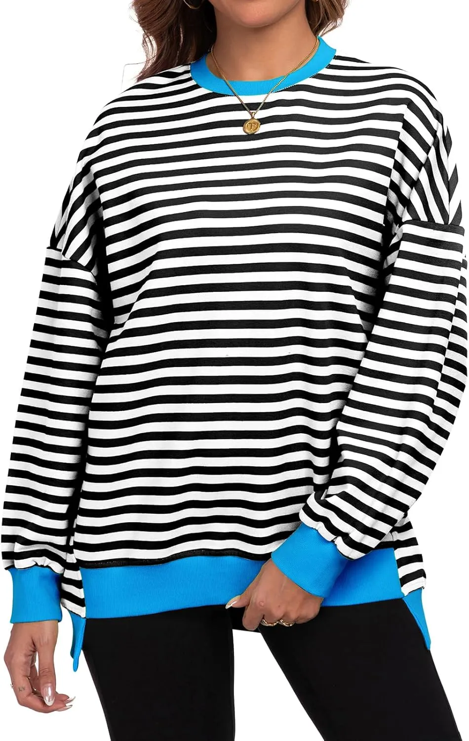 Cestyle Womens Striped Color Block Oversized Sweatshirt Long Sleeve Crewneck Shirts 2024 Fall Top Y2K Trendy Sweatshirts