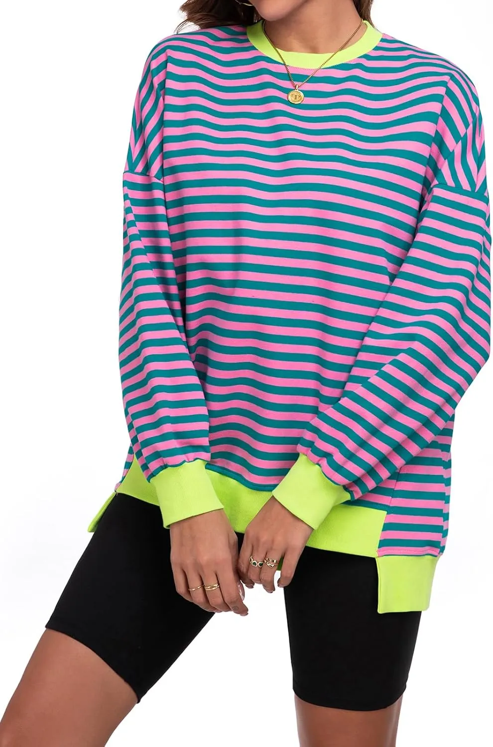 Cestyle Womens Striped Color Block Oversized Sweatshirt Long Sleeve Crewneck Shirts 2024 Fall Top Y2K Trendy Sweatshirts