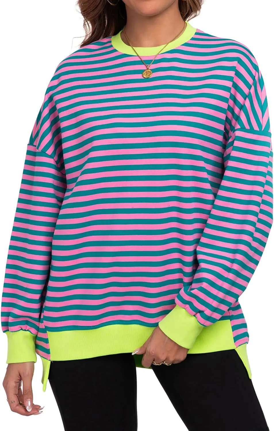 Cestyle Womens Striped Color Block Oversized Sweatshirt Long Sleeve Crewneck Shirts 2024 Fall Top Y2K Trendy Sweatshirts