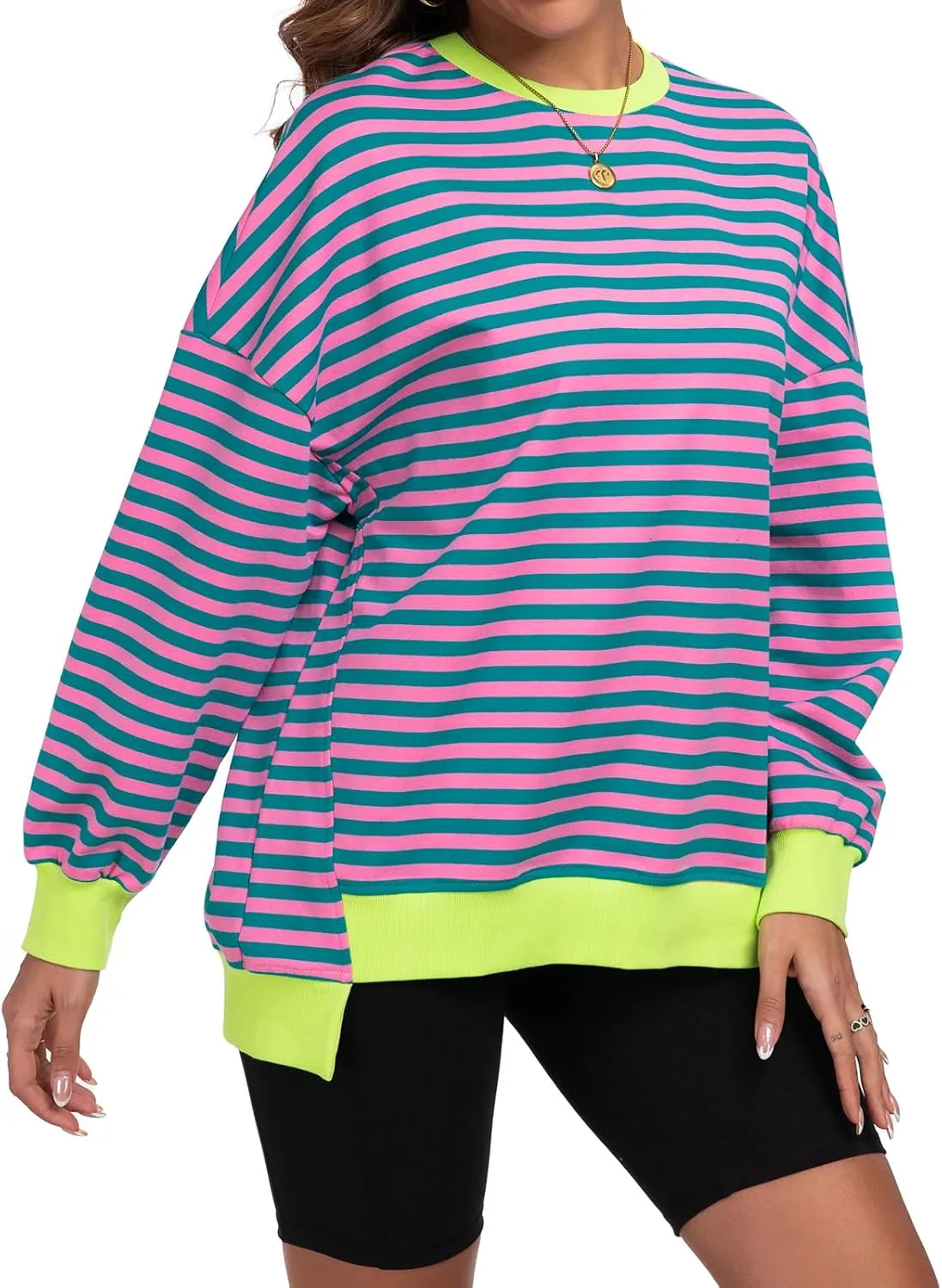Cestyle Womens Striped Color Block Oversized Sweatshirt Long Sleeve Crewneck Shirts 2024 Fall Top Y2K Trendy Sweatshirts