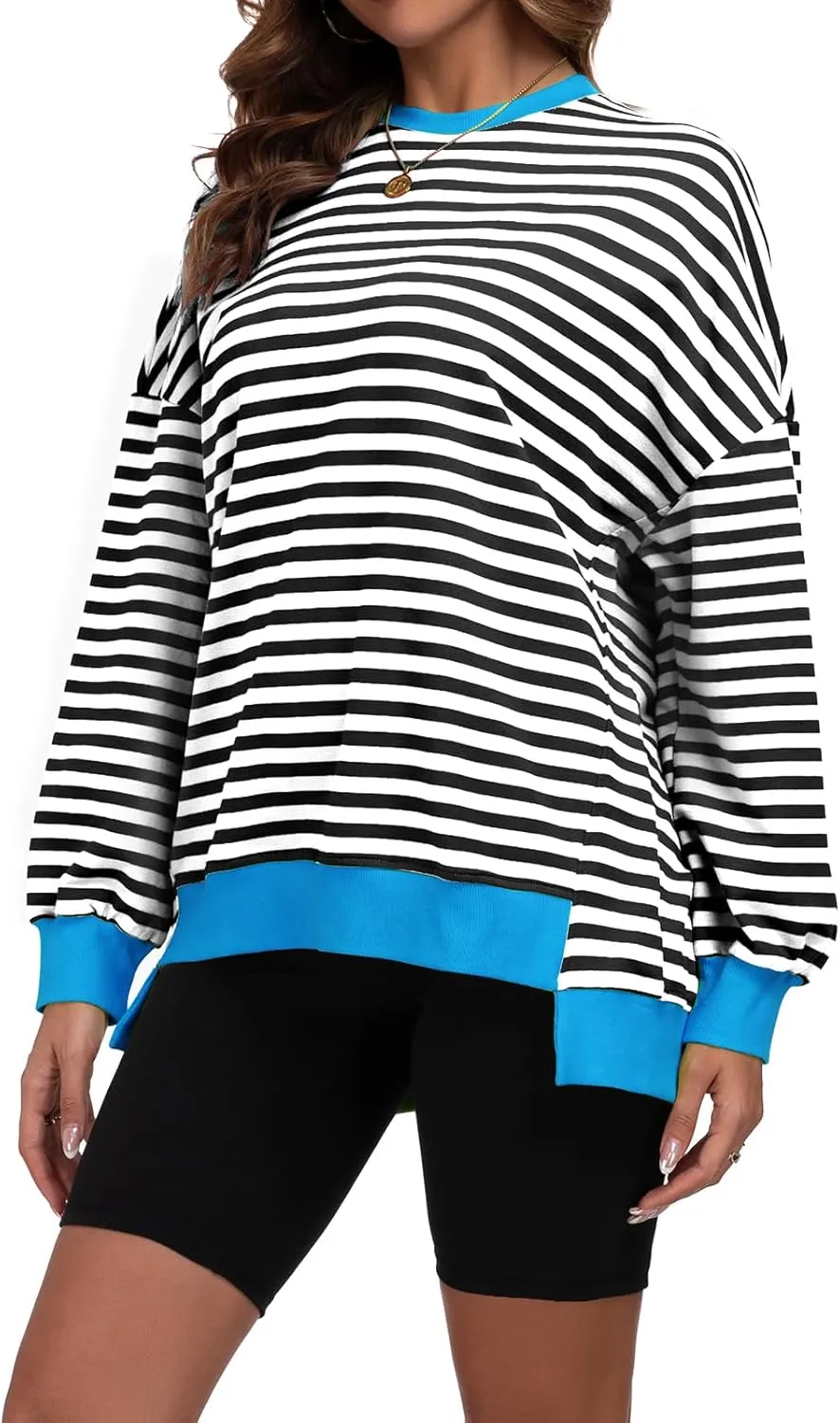 Cestyle Womens Striped Color Block Oversized Sweatshirt Long Sleeve Crewneck Shirts 2024 Fall Top Y2K Trendy Sweatshirts