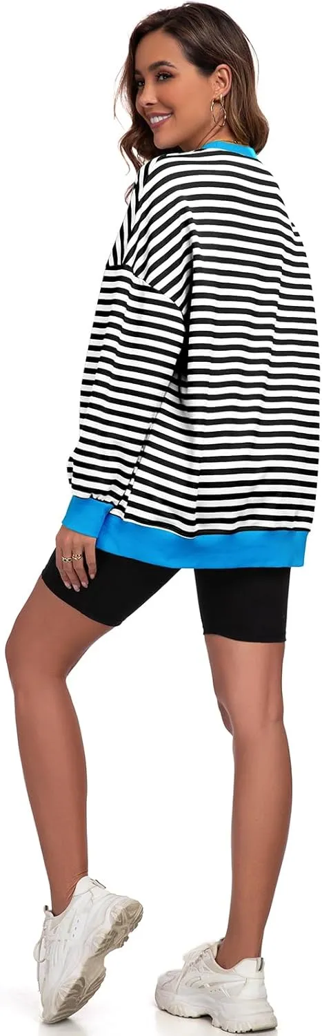 Cestyle Womens Striped Color Block Oversized Sweatshirt Long Sleeve Crewneck Shirts 2024 Fall Top Y2K Trendy Sweatshirts