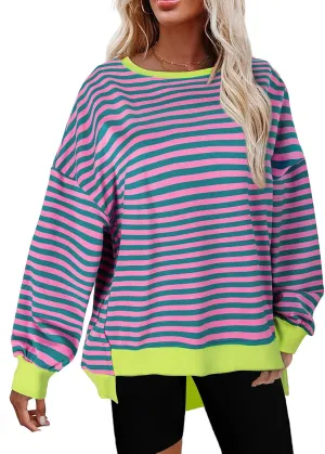 Cestyle Womens Striped Color Block Oversized Sweatshirt Long Sleeve Crewneck Shirts 2024 Fall Top Y2K Trendy Sweatshirts