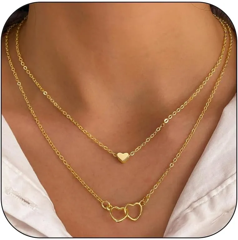 Charm Layered Heart Pendant Necklace for Women, Dainty Gold Silver Plated Hollow Cross Heart Choker Necklace Trendy Link Chain Neck Jewelry Gift