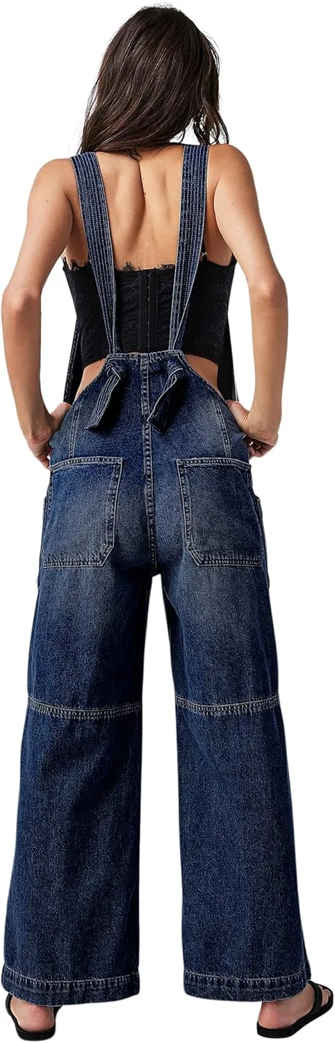 CHARTOU Casual Denim Jumpsuit for Women Overalls Wide Leg Jumpsuit Jeans Denim Bib Overalls Dungaree Pockets
