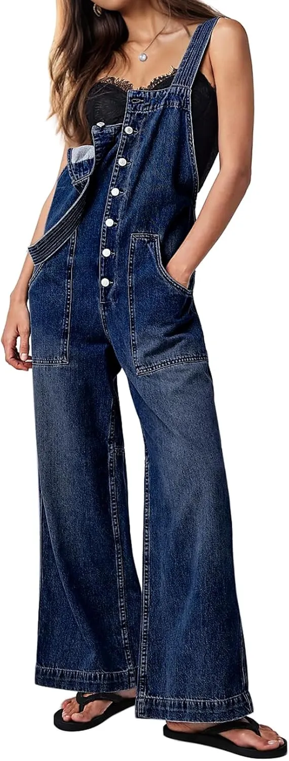 CHARTOU Casual Denim Jumpsuit for Women Overalls Wide Leg Jumpsuit Jeans Denim Bib Overalls Dungaree Pockets