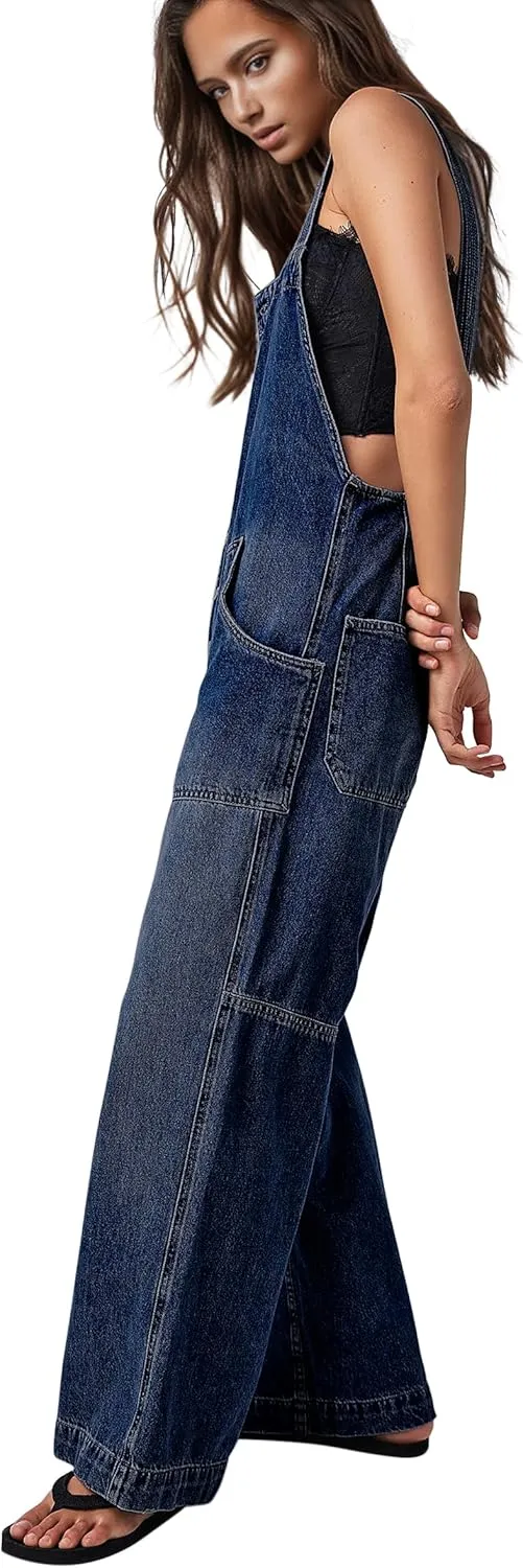 CHARTOU Casual Denim Jumpsuit for Women Overalls Wide Leg Jumpsuit Jeans Denim Bib Overalls Dungaree Pockets