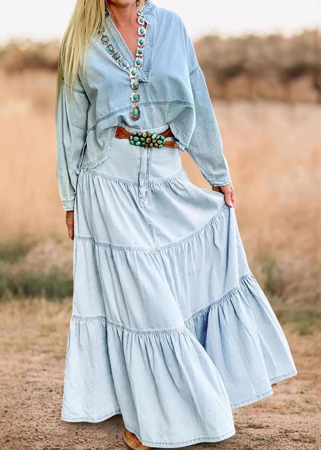 CHARTOU Women High Waist Tiered Denim Maxi Skirt Western Ruffle Patchwork Y2k A Line Long Jean Skirt Pockets