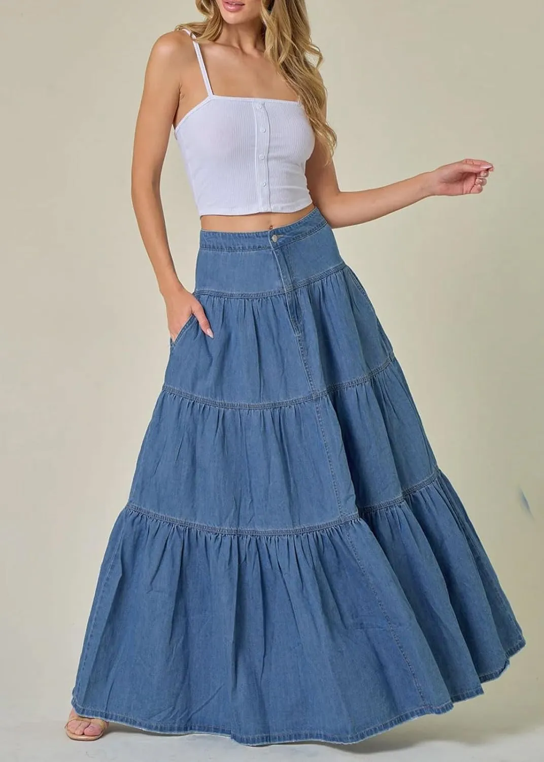 CHARTOU Women High Waist Tiered Denim Maxi Skirt Western Ruffle Patchwork Y2k A Line Long Jean Skirt Pockets