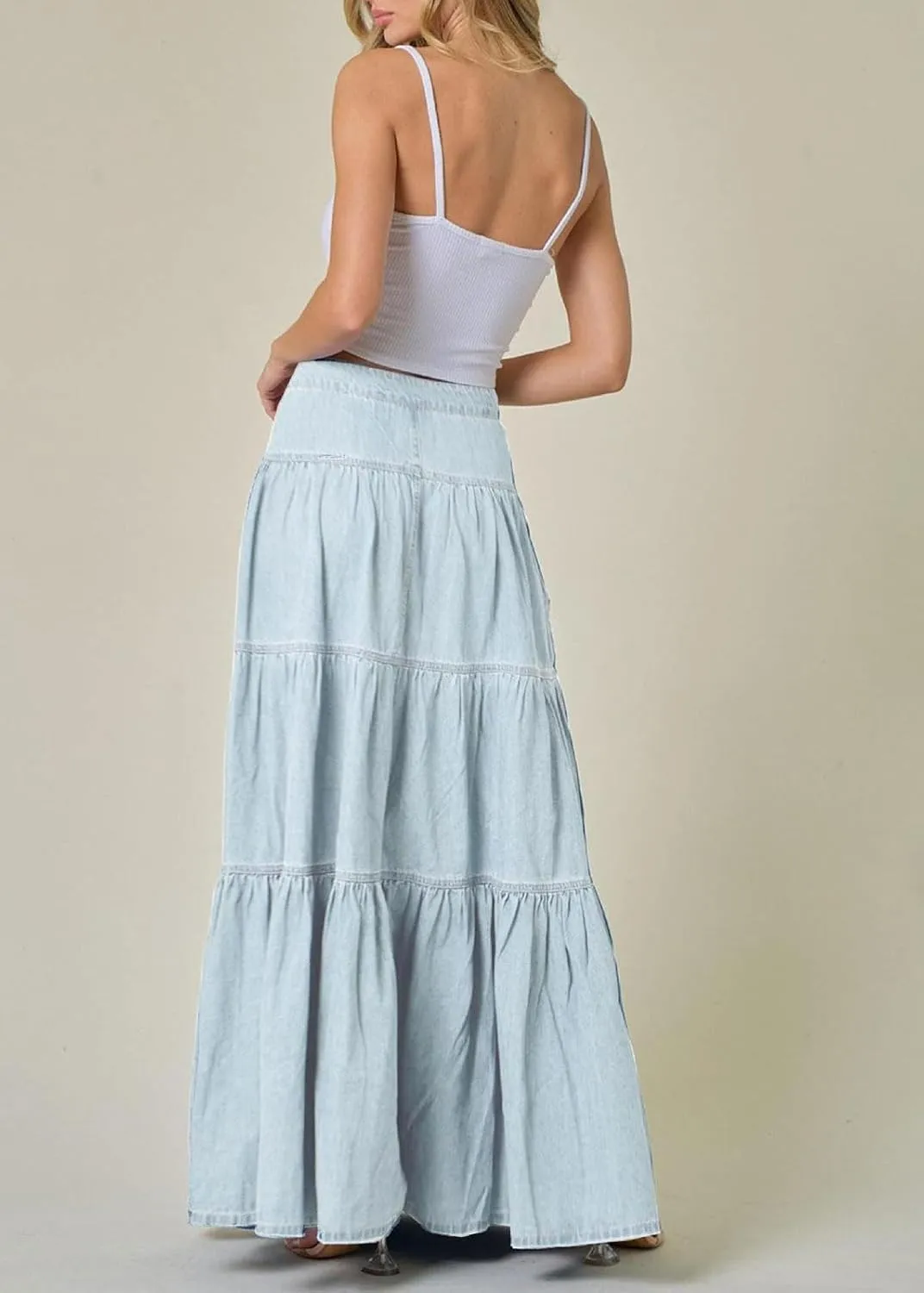 CHARTOU Women High Waist Tiered Denim Maxi Skirt Western Ruffle Patchwork Y2k A Line Long Jean Skirt Pockets