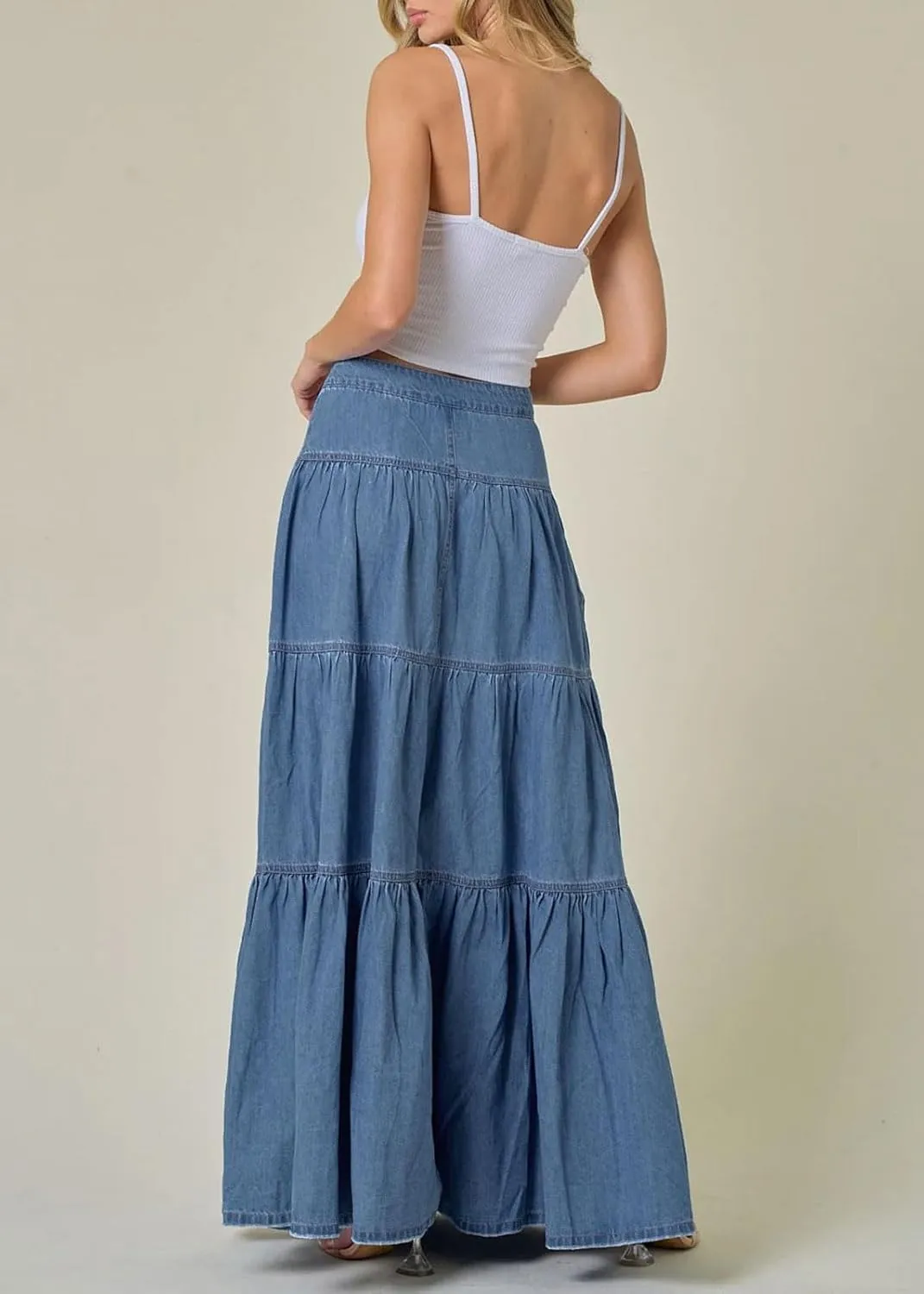 CHARTOU Women High Waist Tiered Denim Maxi Skirt Western Ruffle Patchwork Y2k A Line Long Jean Skirt Pockets