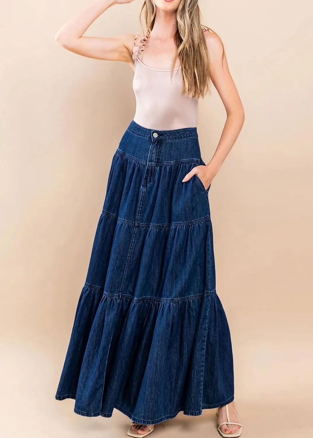 CHARTOU Women High Waist Tiered Denim Maxi Skirt Western Ruffle Patchwork Y2k A Line Long Jean Skirt Pockets
