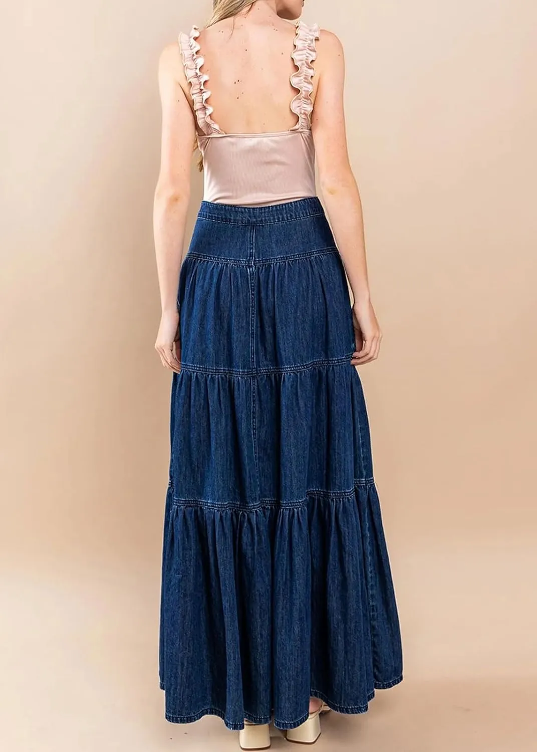 CHARTOU Women High Waist Tiered Denim Maxi Skirt Western Ruffle Patchwork Y2k A Line Long Jean Skirt Pockets