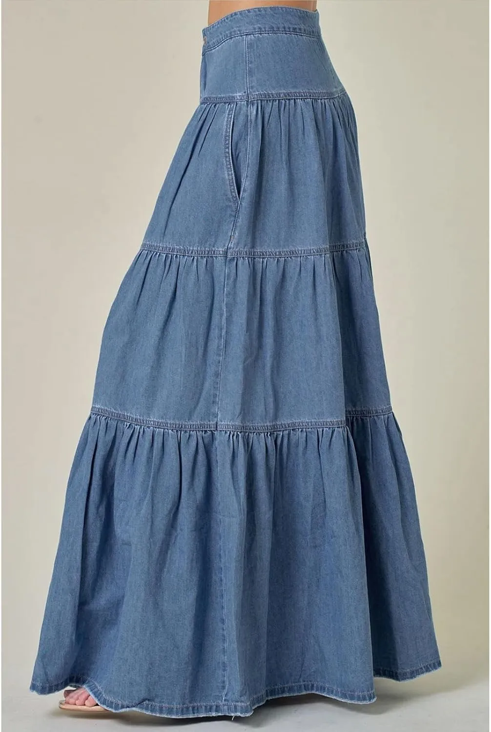CHARTOU Women High Waist Tiered Denim Maxi Skirt Western Ruffle Patchwork Y2k A Line Long Jean Skirt Pockets