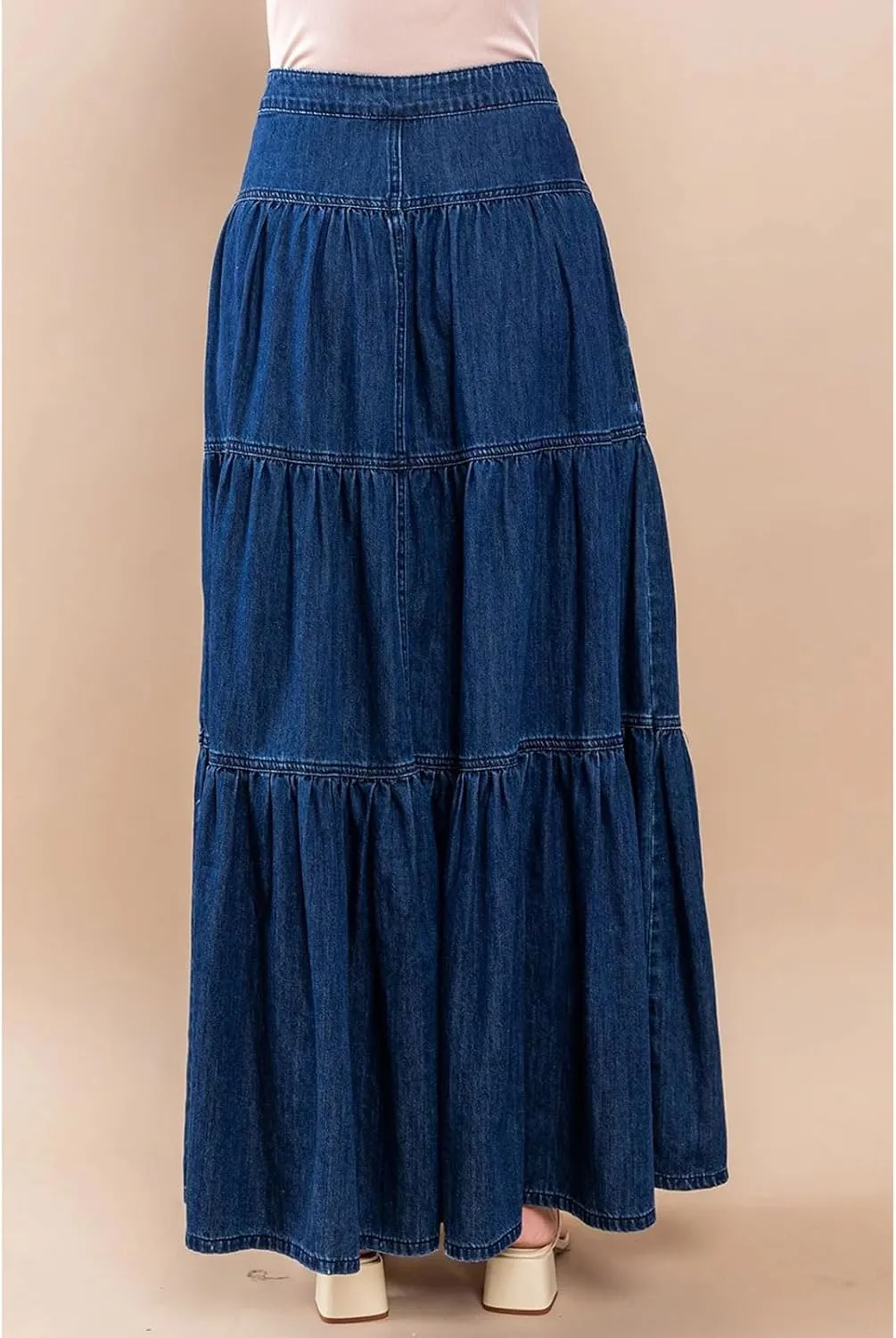 CHARTOU Women High Waist Tiered Denim Maxi Skirt Western Ruffle Patchwork Y2k A Line Long Jean Skirt Pockets