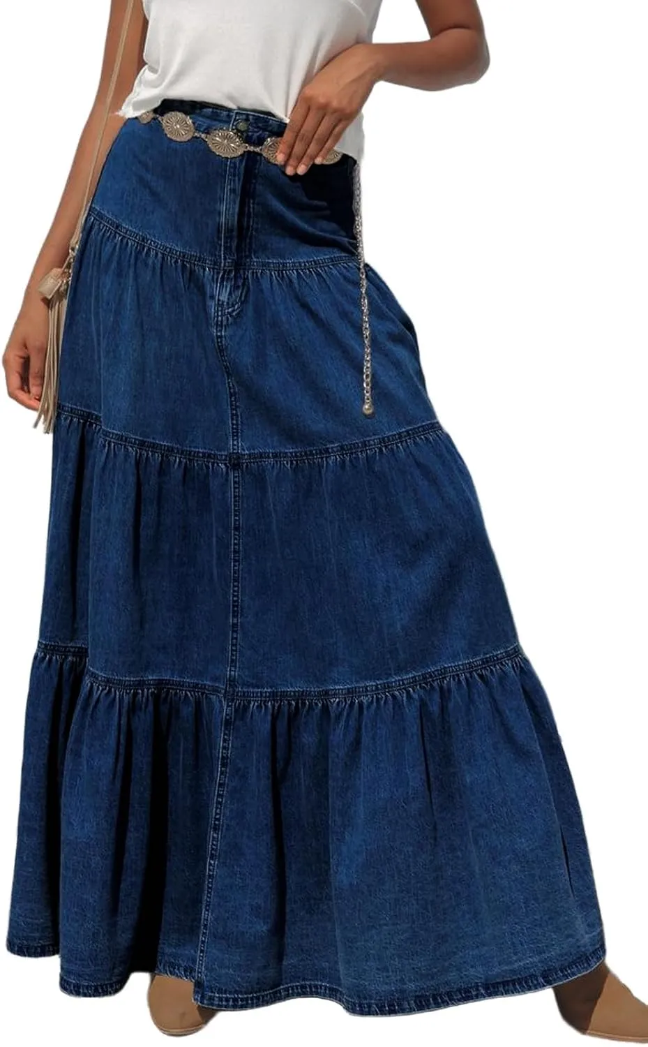 CHARTOU Women High Waist Tiered Denim Maxi Skirt Western Ruffle Patchwork Y2k A Line Long Jean Skirt Pockets