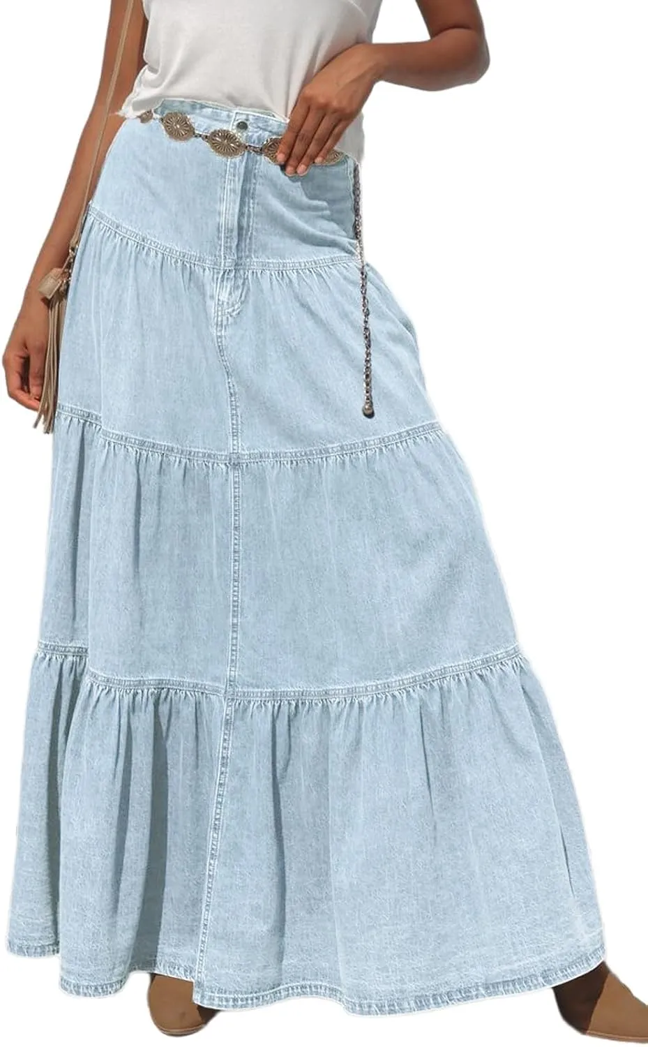 CHARTOU Women High Waist Tiered Denim Maxi Skirt Western Ruffle Patchwork Y2k A Line Long Jean Skirt Pockets