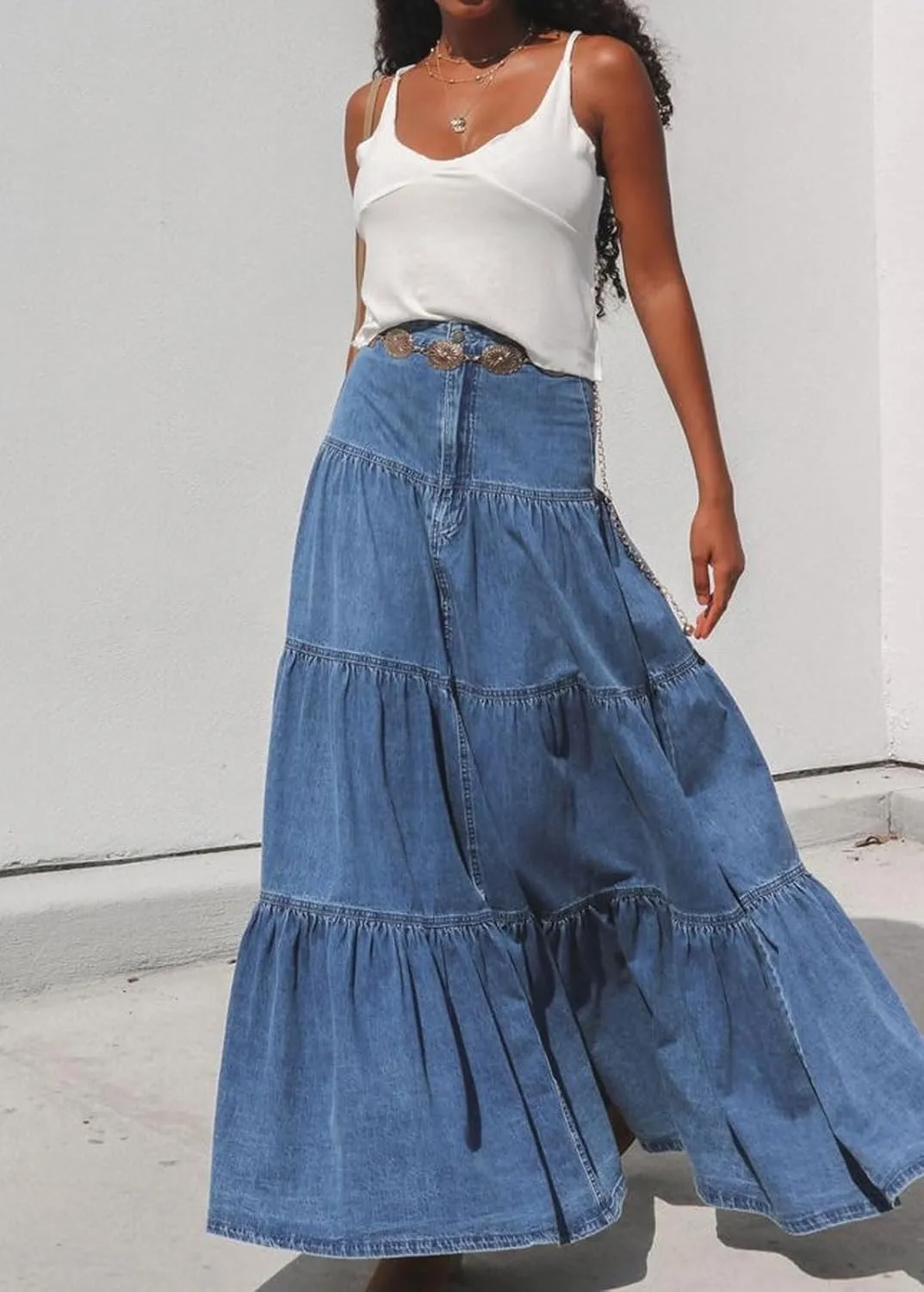 CHARTOU Women High Waist Tiered Denim Maxi Skirt Western Ruffle Patchwork Y2k A Line Long Jean Skirt Pockets