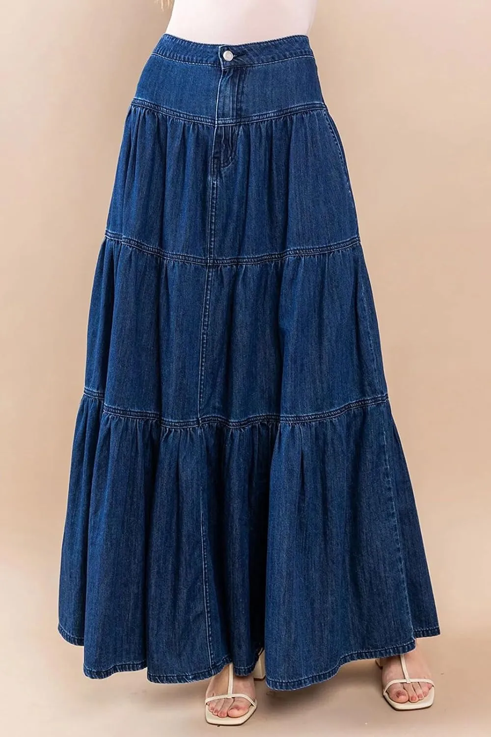CHARTOU Women High Waist Tiered Denim Maxi Skirt Western Ruffle Patchwork Y2k A Line Long Jean Skirt Pockets