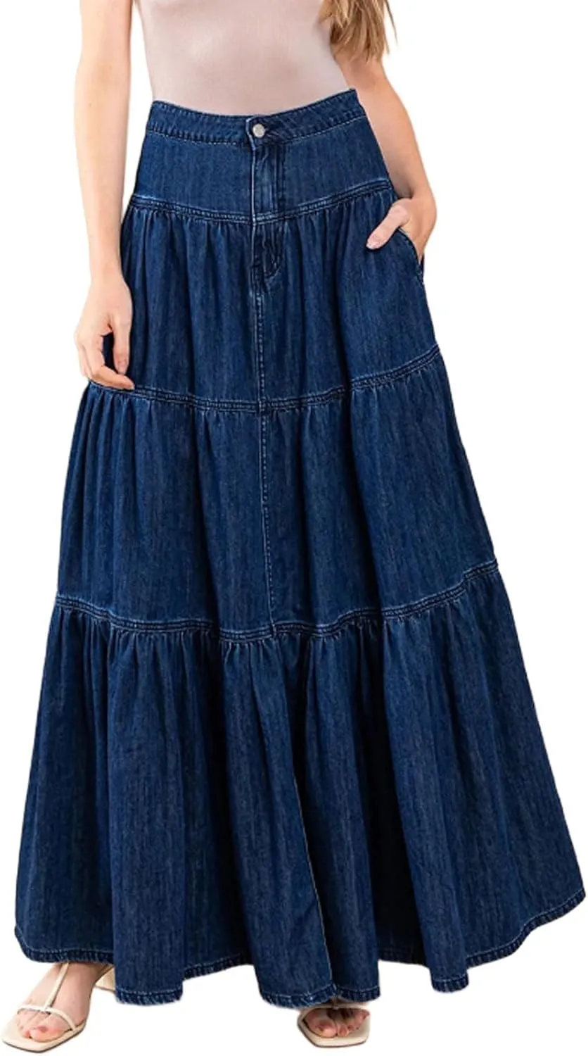 CHARTOU Women High Waist Tiered Denim Maxi Skirt Western Ruffle Patchwork Y2k A Line Long Jean Skirt Pockets