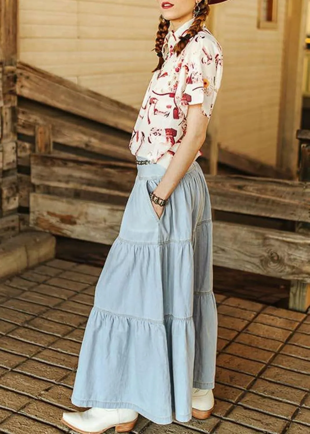CHARTOU Women High Waist Tiered Denim Maxi Skirt Western Ruffle Patchwork Y2k A Line Long Jean Skirt Pockets