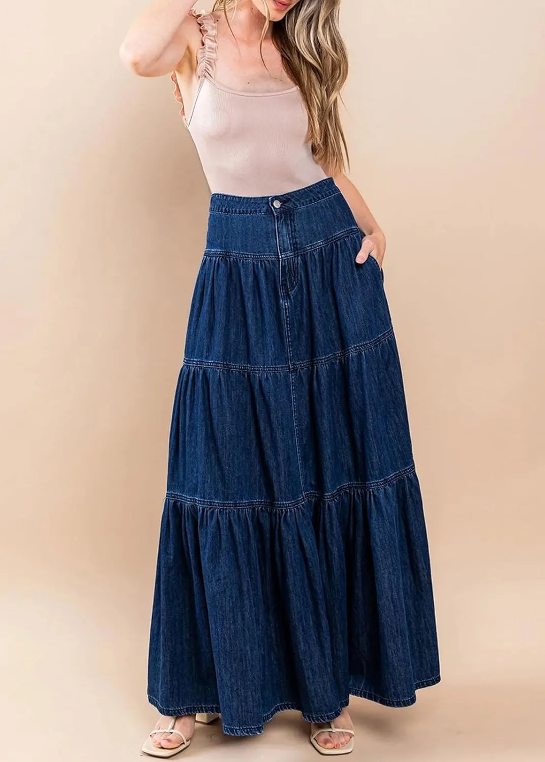 CHARTOU Women High Waist Tiered Denim Maxi Skirt Western Ruffle Patchwork Y2k A Line Long Jean Skirt Pockets