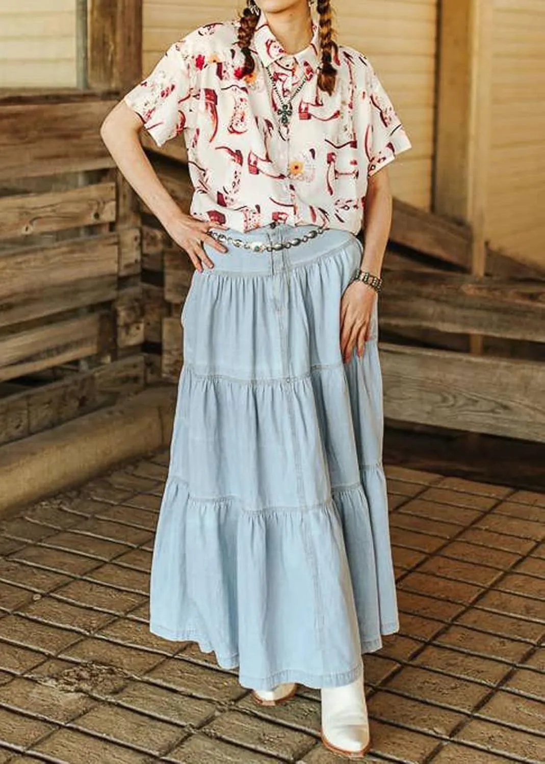 CHARTOU Women High Waist Tiered Denim Maxi Skirt Western Ruffle Patchwork Y2k A Line Long Jean Skirt Pockets