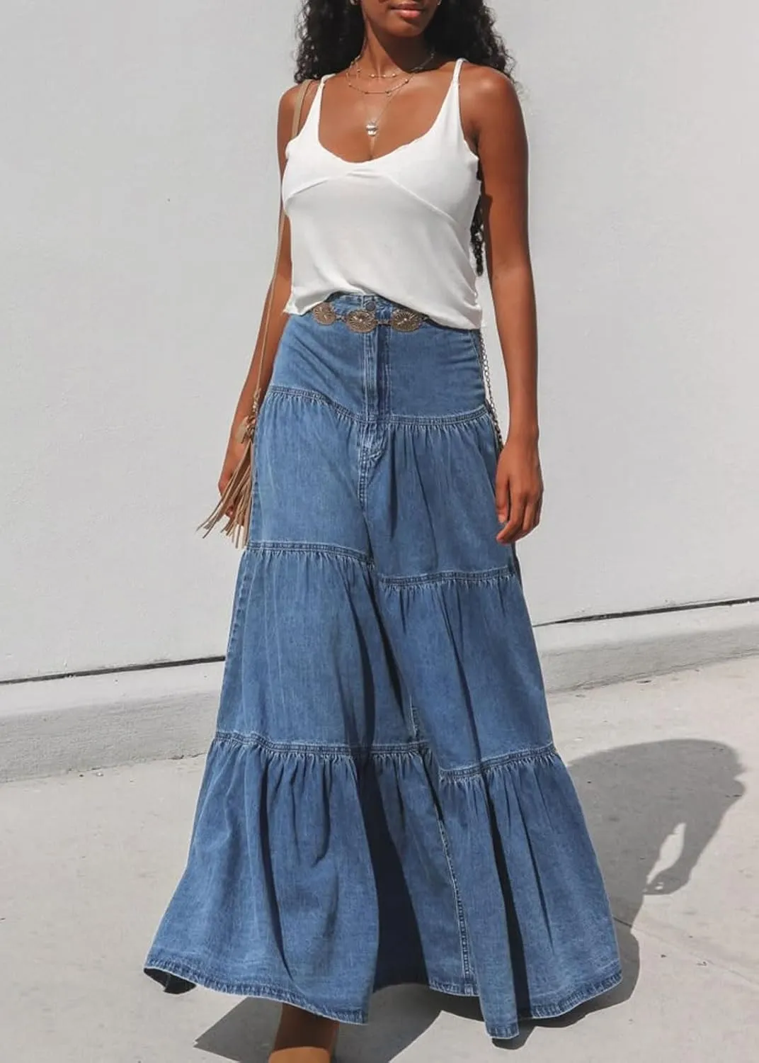 CHARTOU Women High Waist Tiered Denim Maxi Skirt Western Ruffle Patchwork Y2k A Line Long Jean Skirt Pockets