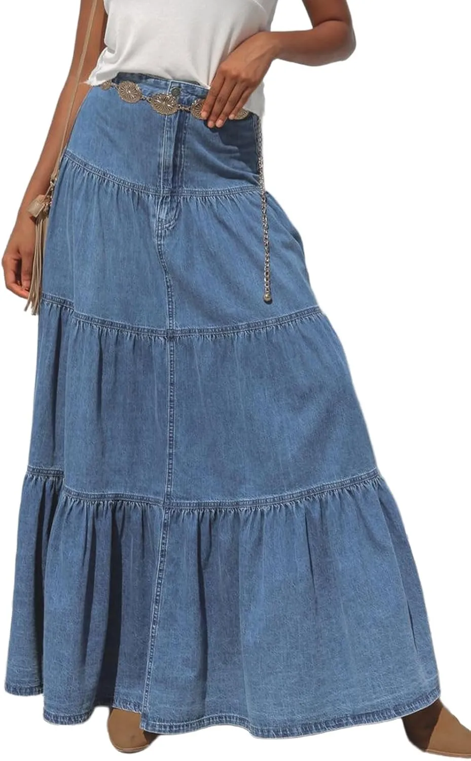 CHARTOU Women High Waist Tiered Denim Maxi Skirt Western Ruffle Patchwork Y2k A Line Long Jean Skirt Pockets