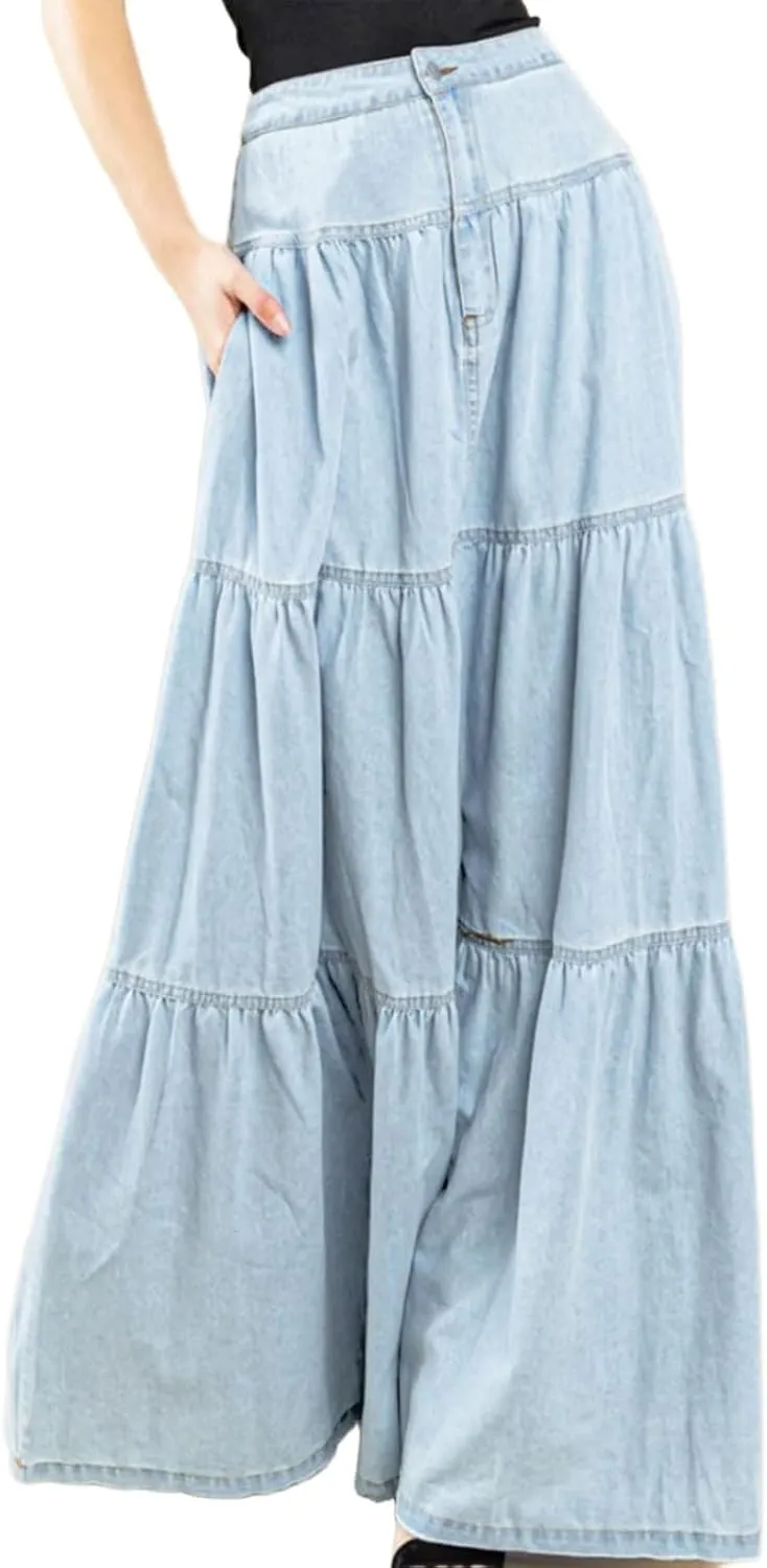 CHARTOU Women High Waist Tiered Denim Maxi Skirt Western Ruffle Patchwork Y2k A Line Long Jean Skirt Pockets