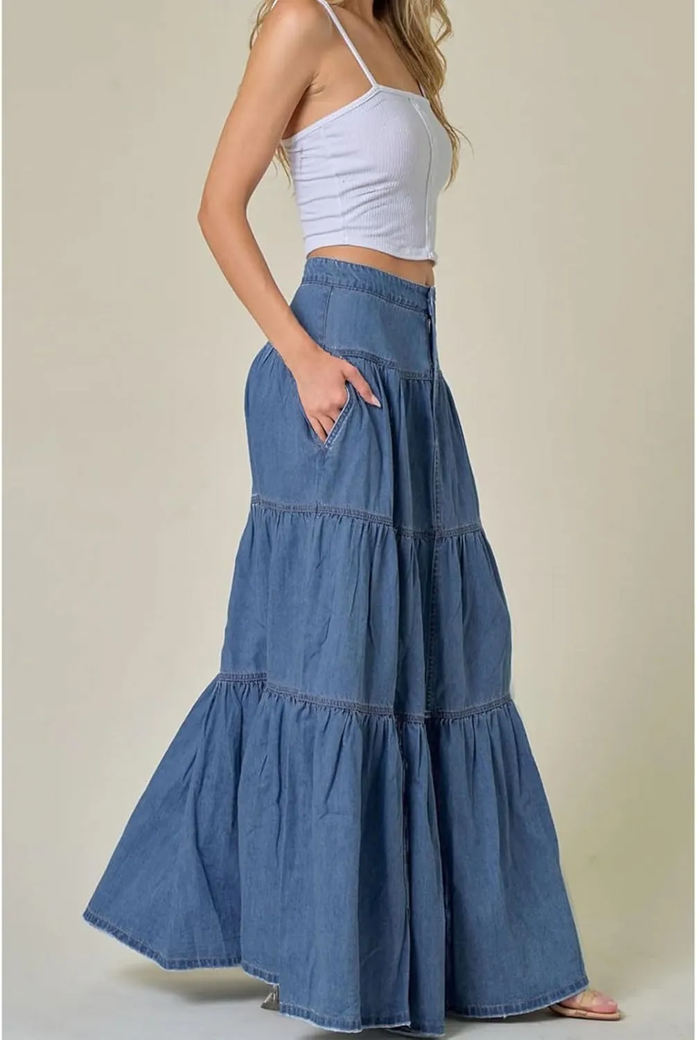 CHARTOU Women High Waist Tiered Denim Maxi Skirt Western Ruffle Patchwork Y2k A Line Long Jean Skirt Pockets