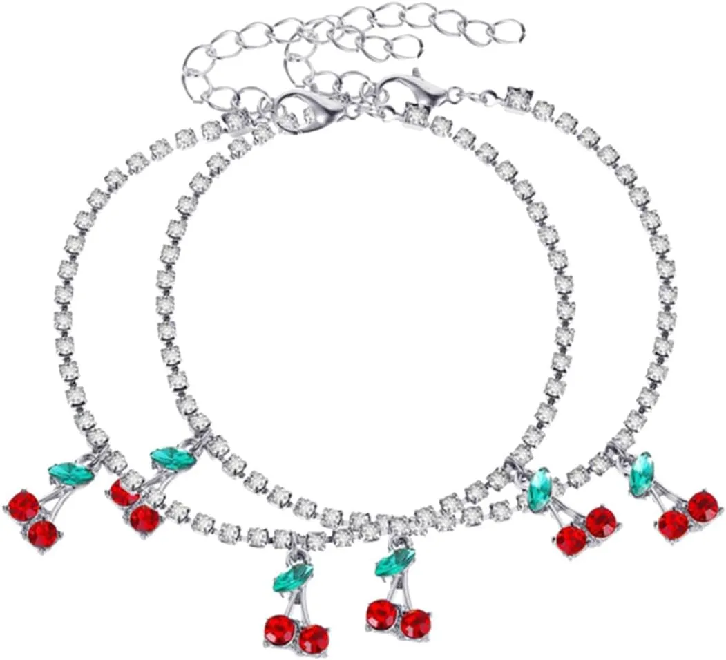 Cherry Foot Chain 2pcs Ankle Jewelry Set for Women Metal Knot Anklet Fashion Tennis Chain Beach Foot Jewelry Sparkle Cherry Pendant