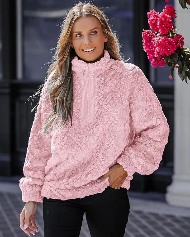 CHICME BEST SHOPPING DEALS Chic Me Womens Fuzzy Oversized Sweatshirt Argyle Pattern Zip Up Pullover Long Sleeve Fall 2024