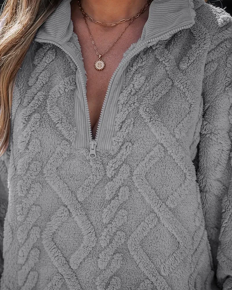 CHICME BEST SHOPPING DEALS Chic Me Womens Fuzzy Oversized Sweatshirt Argyle Pattern Zip Up Pullover Long Sleeve Fall 2024