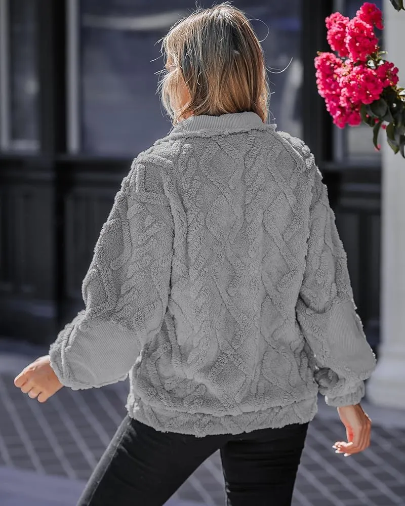 CHICME BEST SHOPPING DEALS Chic Me Womens Fuzzy Oversized Sweatshirt Argyle Pattern Zip Up Pullover Long Sleeve Fall 2024