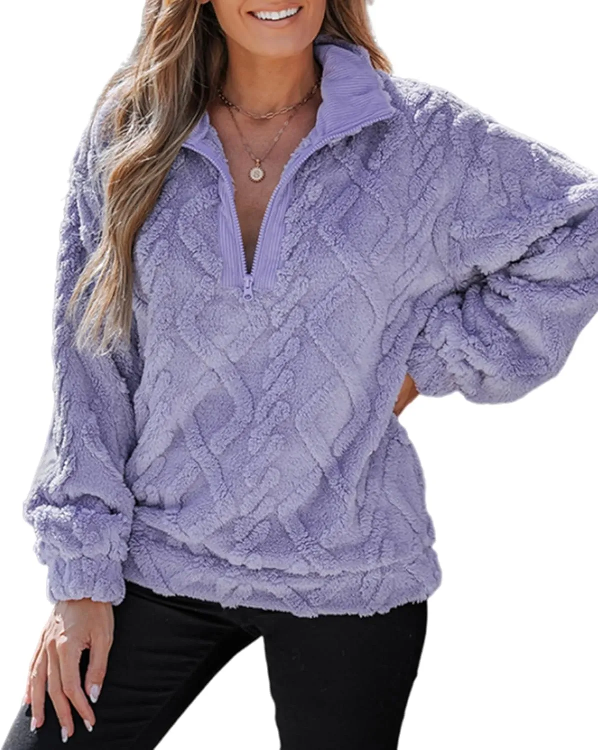 CHICME BEST SHOPPING DEALS Chic Me Womens Fuzzy Oversized Sweatshirt Argyle Pattern Zip Up Pullover Long Sleeve Fall 2024