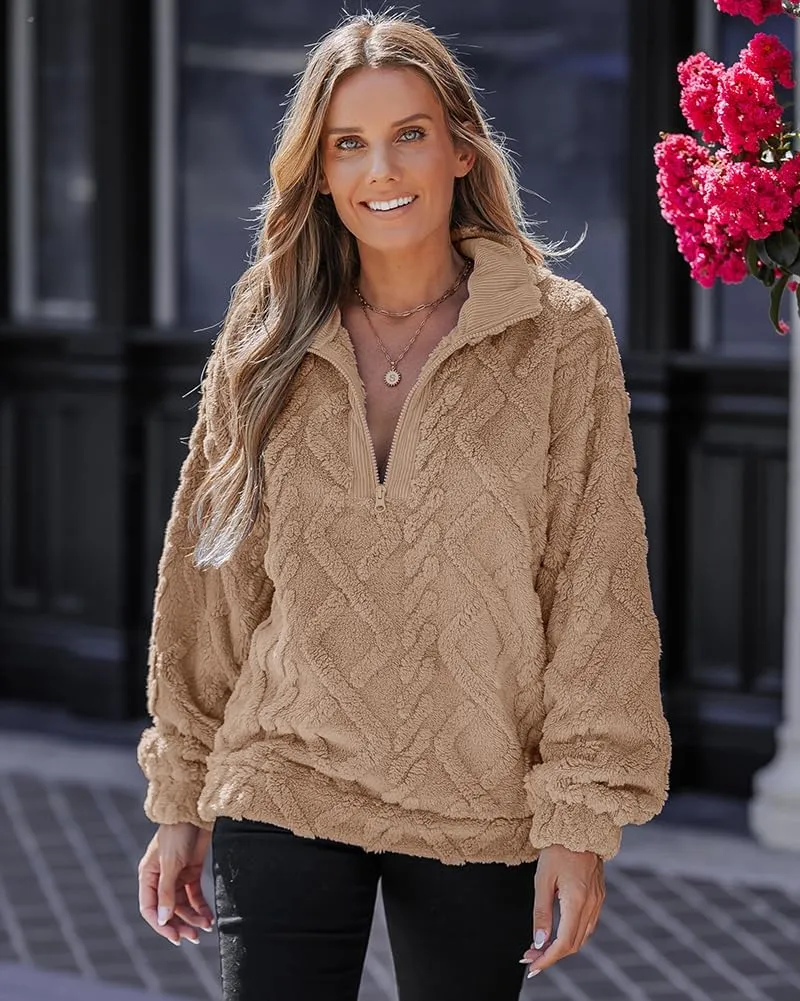 CHICME BEST SHOPPING DEALS Chic Me Womens Fuzzy Oversized Sweatshirt Argyle Pattern Zip Up Pullover Long Sleeve Fall 2024
