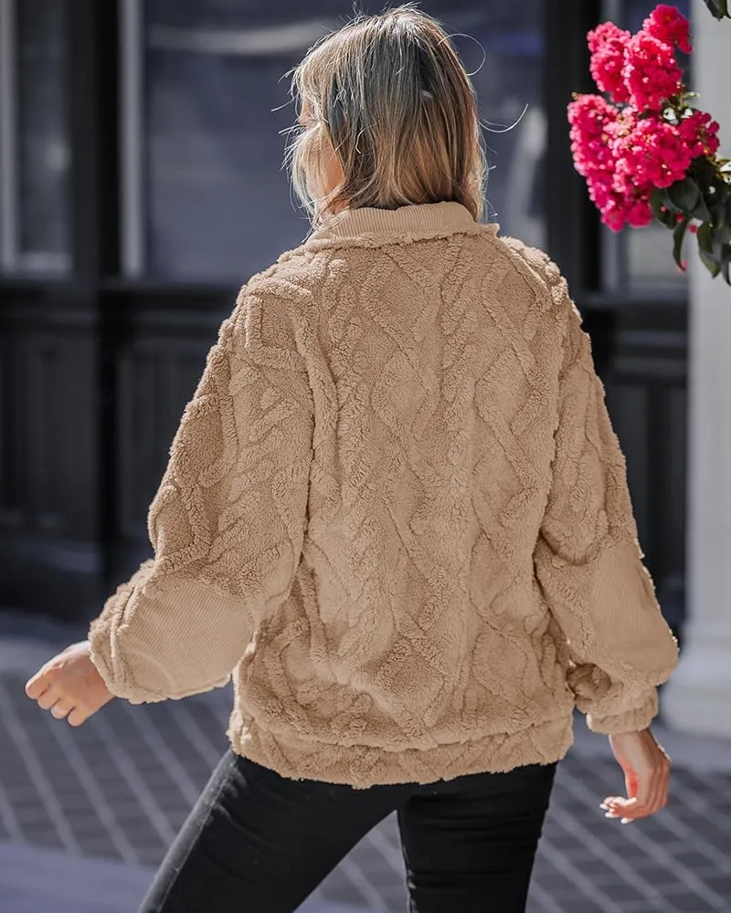 CHICME BEST SHOPPING DEALS Chic Me Womens Fuzzy Oversized Sweatshirt Argyle Pattern Zip Up Pullover Long Sleeve Fall 2024