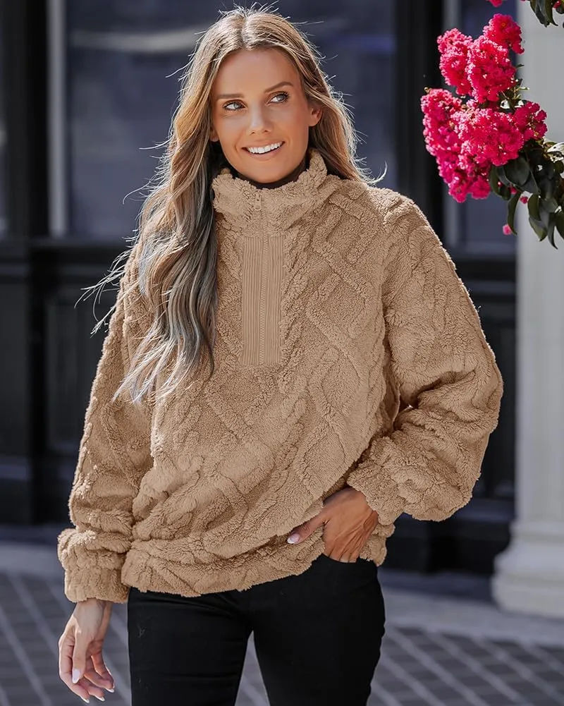 CHICME BEST SHOPPING DEALS Chic Me Womens Fuzzy Oversized Sweatshirt Argyle Pattern Zip Up Pullover Long Sleeve Fall 2024