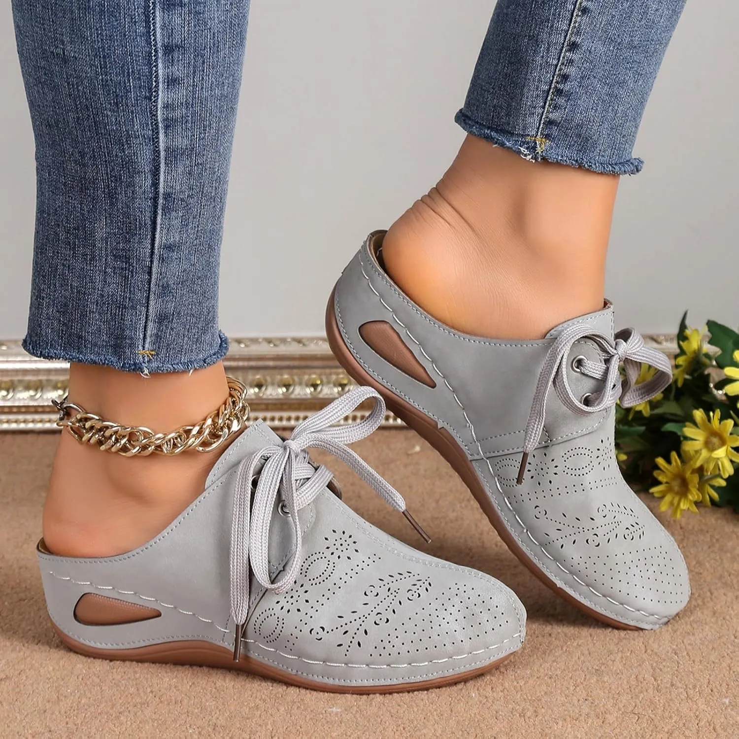 Clogs for Women Mules Shoes Lace Closed Toe Slip On Slides Slippers Summer Comfortable Low Heel Wedge Sandals Walking Shoes