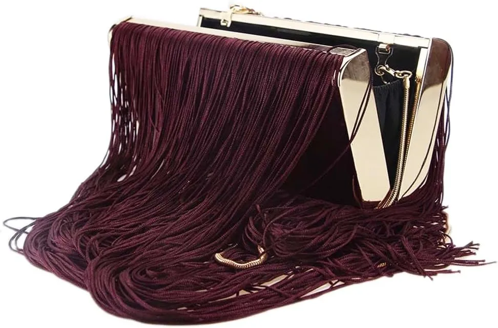 Clutch Purses for Women Tassel Evening Bag with Chain Vintage Luxury Burgundy Clutch for Wedding Party Prom