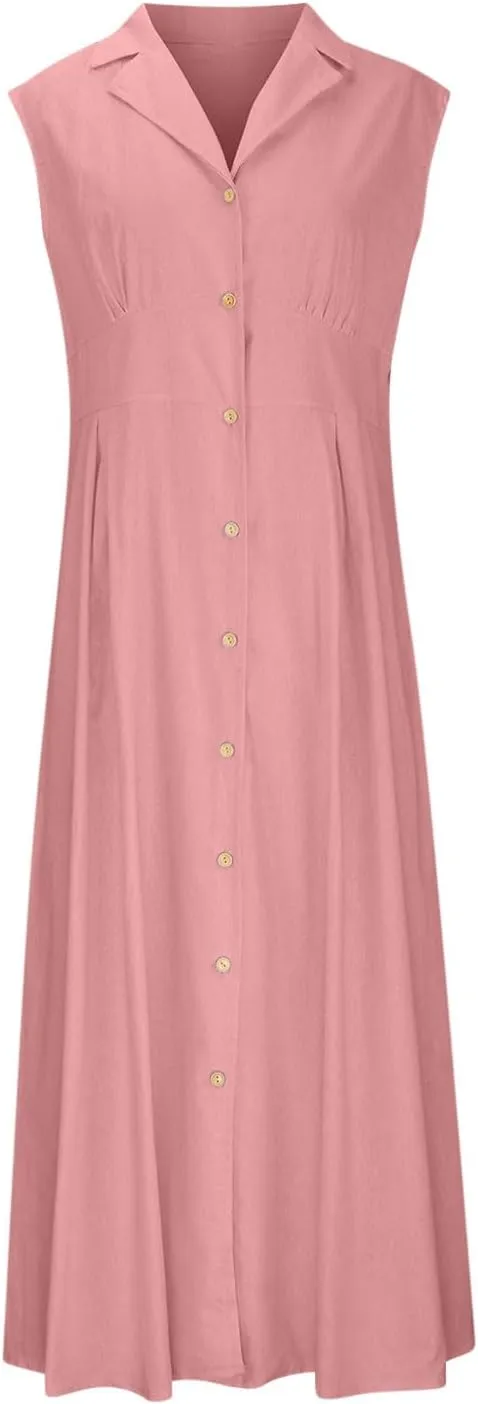 Cotton Linen Button Front Sleeveless Dress for Women Casual A-line Midi Dress Collar Bump Friendly