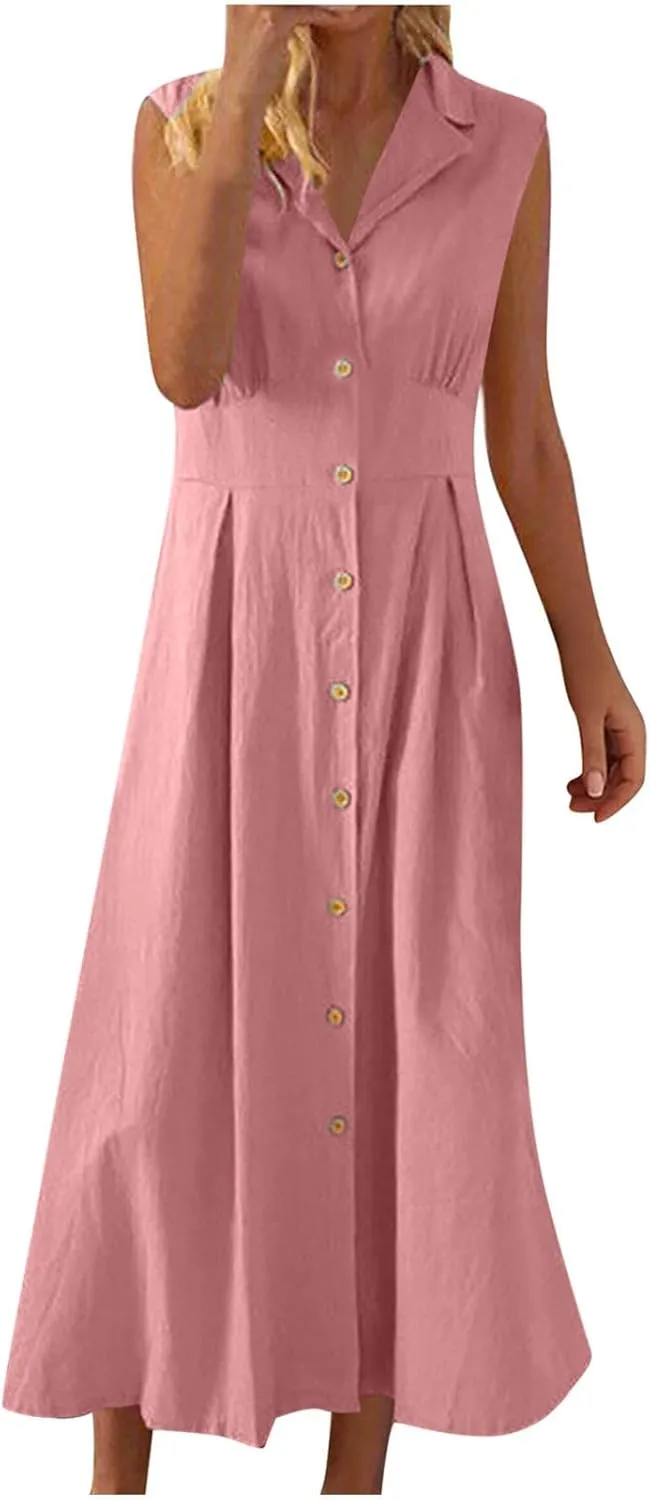Cotton Linen Button Front Sleeveless Dress for Women Casual A-line Midi Dress Collar Bump Friendly