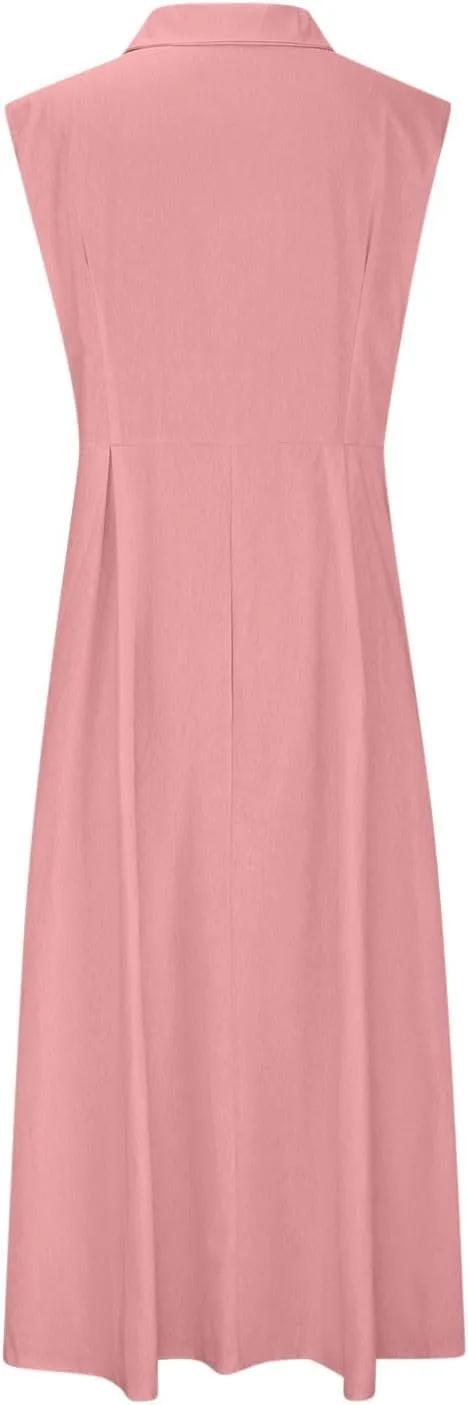 Cotton Linen Button Front Sleeveless Dress for Women Casual A-line Midi Dress Collar Bump Friendly