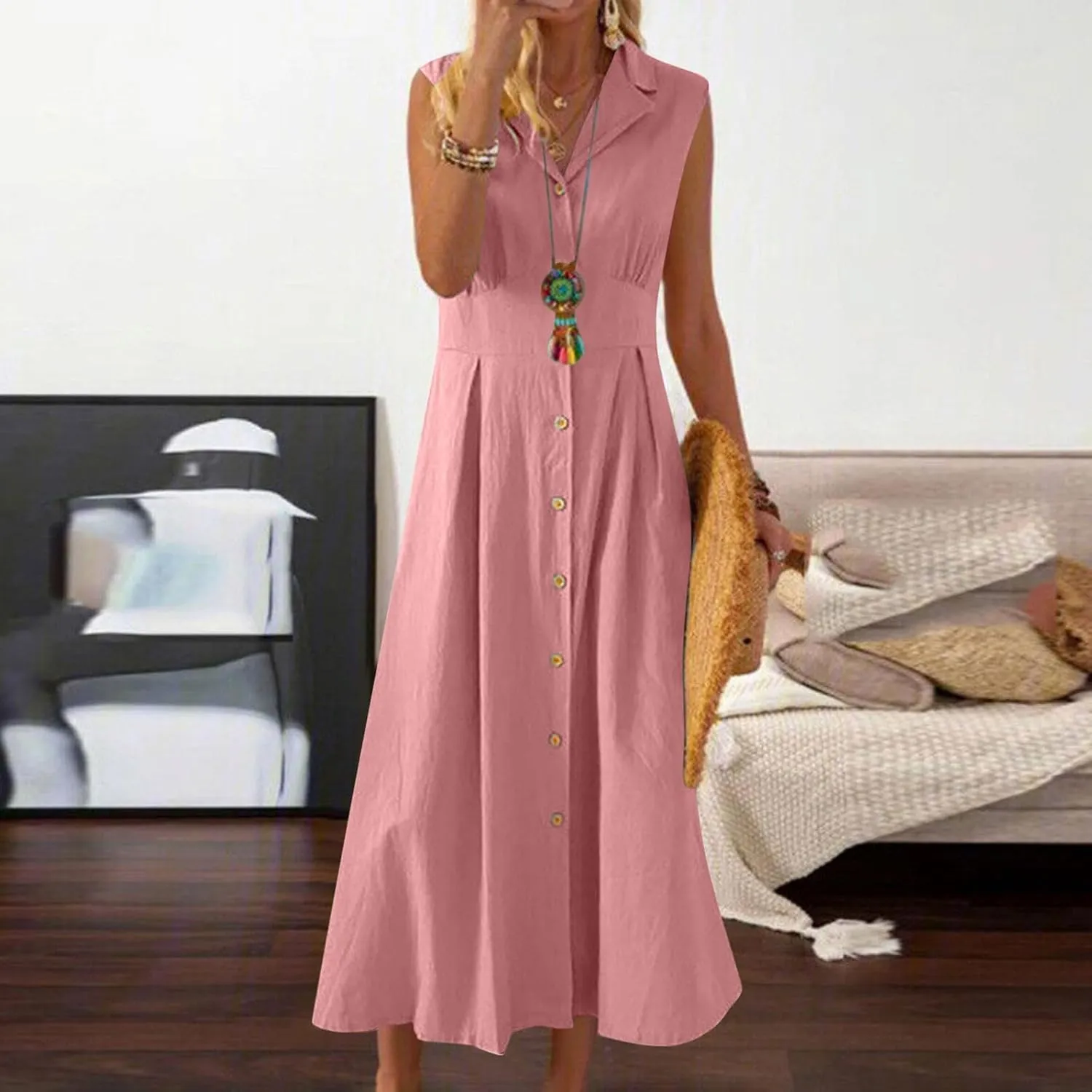 Cotton Linen Button Front Sleeveless Dress for Women Casual A-line Midi Dress Collar Bump Friendly