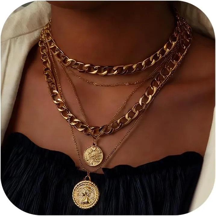 CSIYANJRY99 Gold Pirate Necklace for Women Layered Coin Medallion Necklace Chunky Gold Chain Pirate Costume Accessories