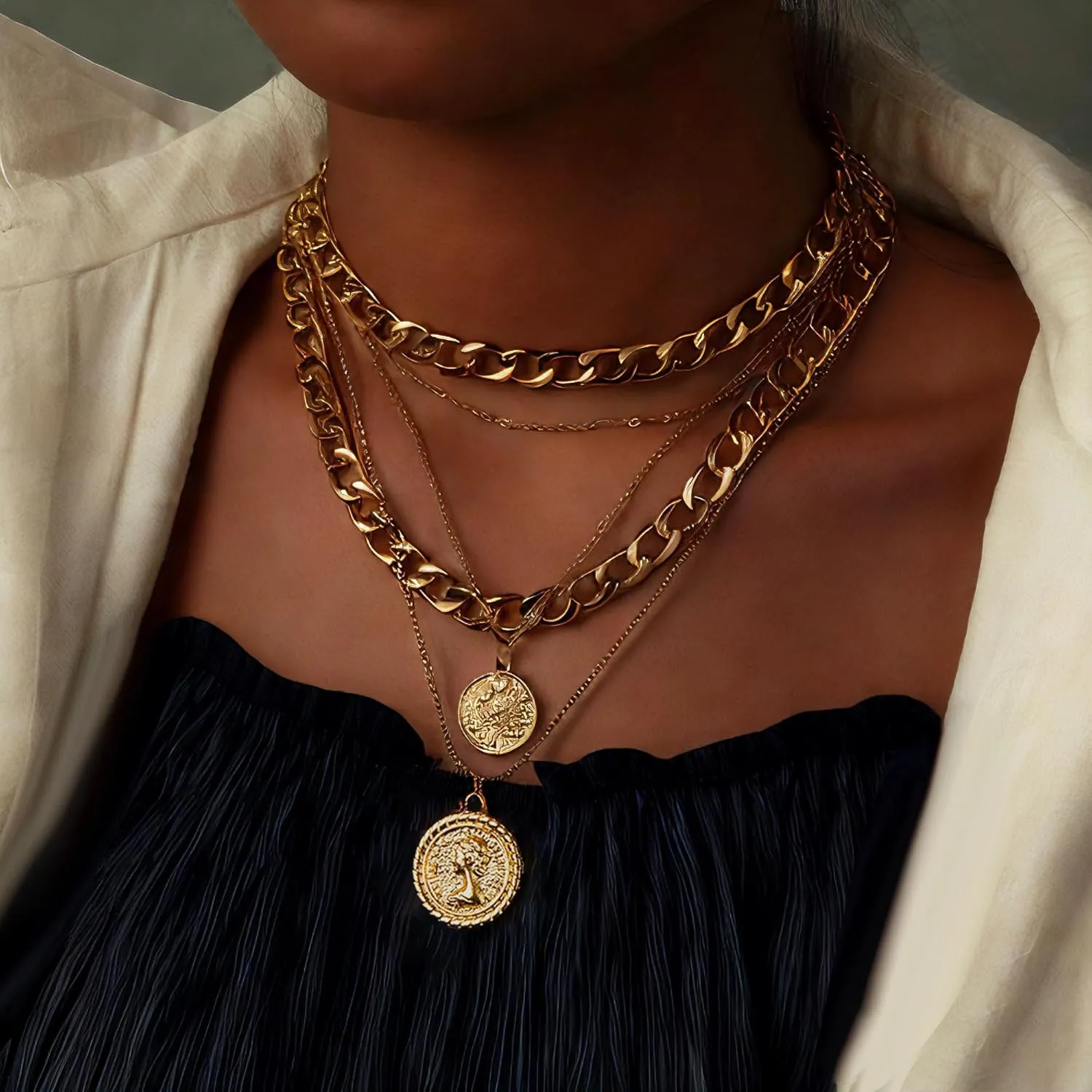 CSIYANJRY99 Gold Pirate Necklace for Women Layered Coin Medallion Necklace Chunky Gold Chain Pirate Costume Accessories