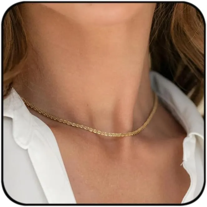 Dainty Gold Necklace, 14k Gold Layered Gold Necklaces for Women Layered Necklace Set Double Layer Snake Chain Herringbone Bead Gold Jewelry (15'' snake twist rope chain)