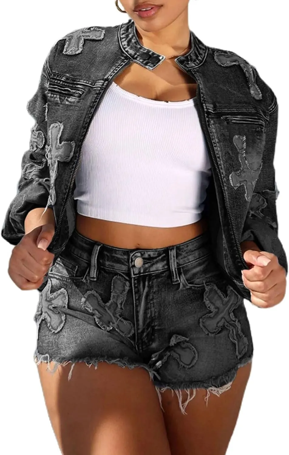 Denim Short Sets Women 2 Piece Outfits Long Sleeve Zip Up Cropped Jacket Raw Hem Skinny Jean Shorts Set