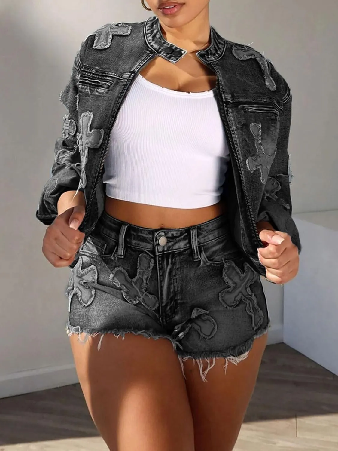 Denim Short Sets Women 2 Piece Outfits Long Sleeve Zip Up Cropped Jacket Raw Hem Skinny Jean Shorts Set